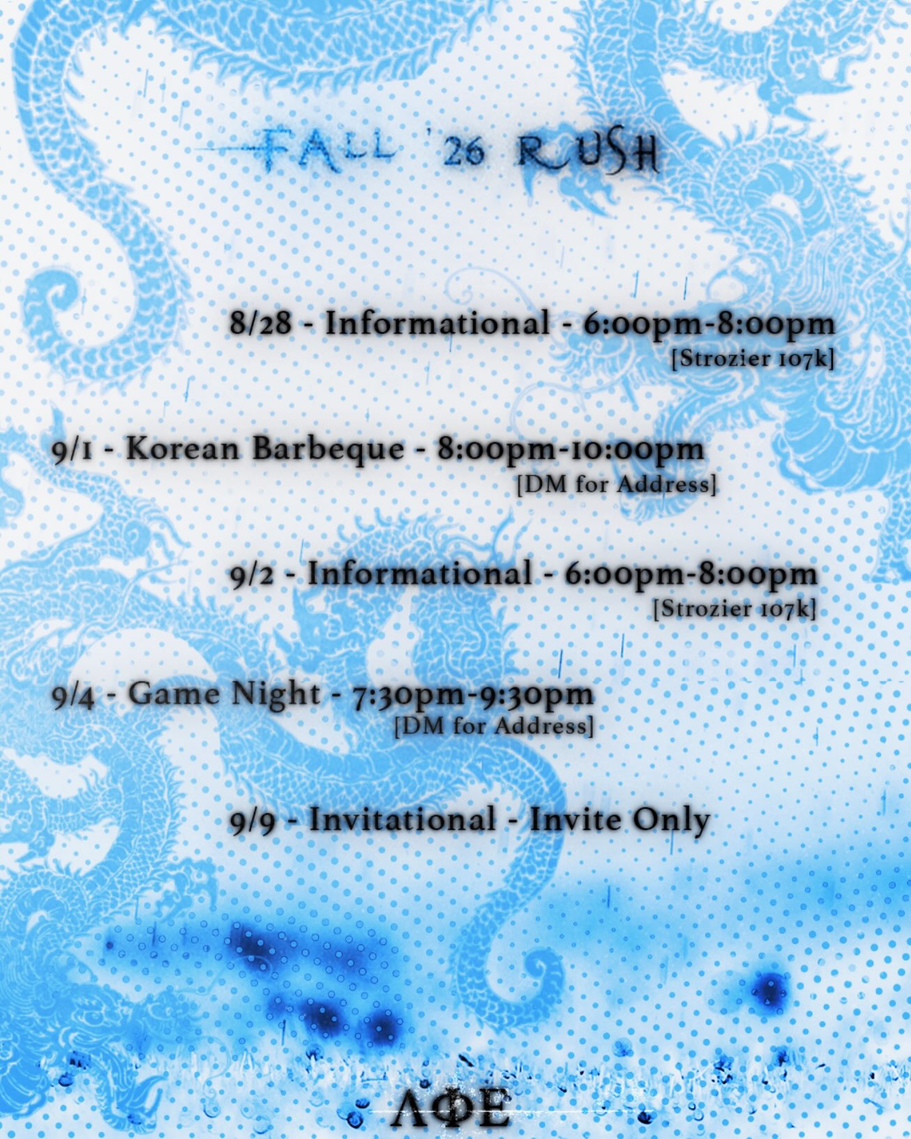 Fall '26 Rush schedule poster listing all five events with dates, times, and locations